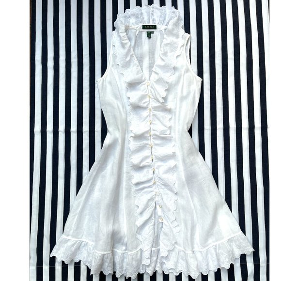 Ralph Lauren Linen EYELET ruffle trim white dress - Picture 1 of 8